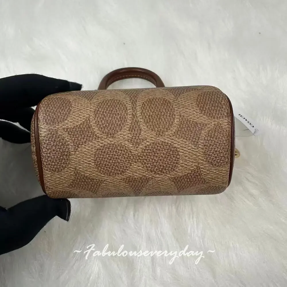 Coach Mini Rowan Bag Charm In Signature Canvas Silver/Brown/Tan CX068 NWT